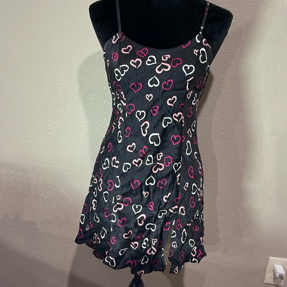 Black Heart-Print Satin Chemise Slip
